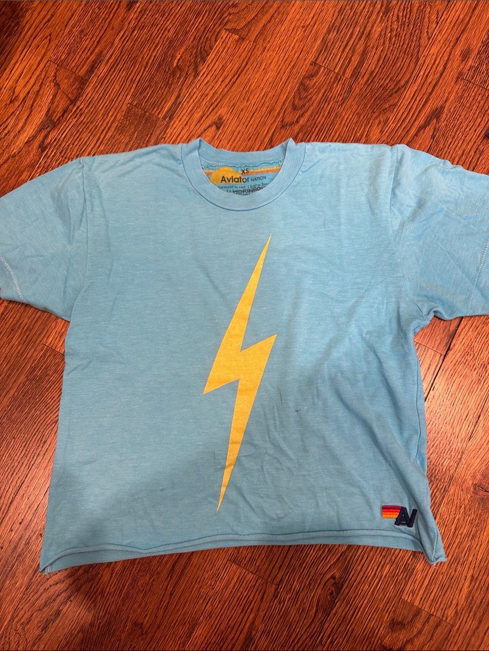 Aviator Nation Light Blue Tee with Yellow Lightning Bolt